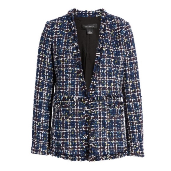 HALOGEN Tweed Blue Navy Textured Fringe Casual Blazer Jacket Button Pockets XS - Picture 4 of 13